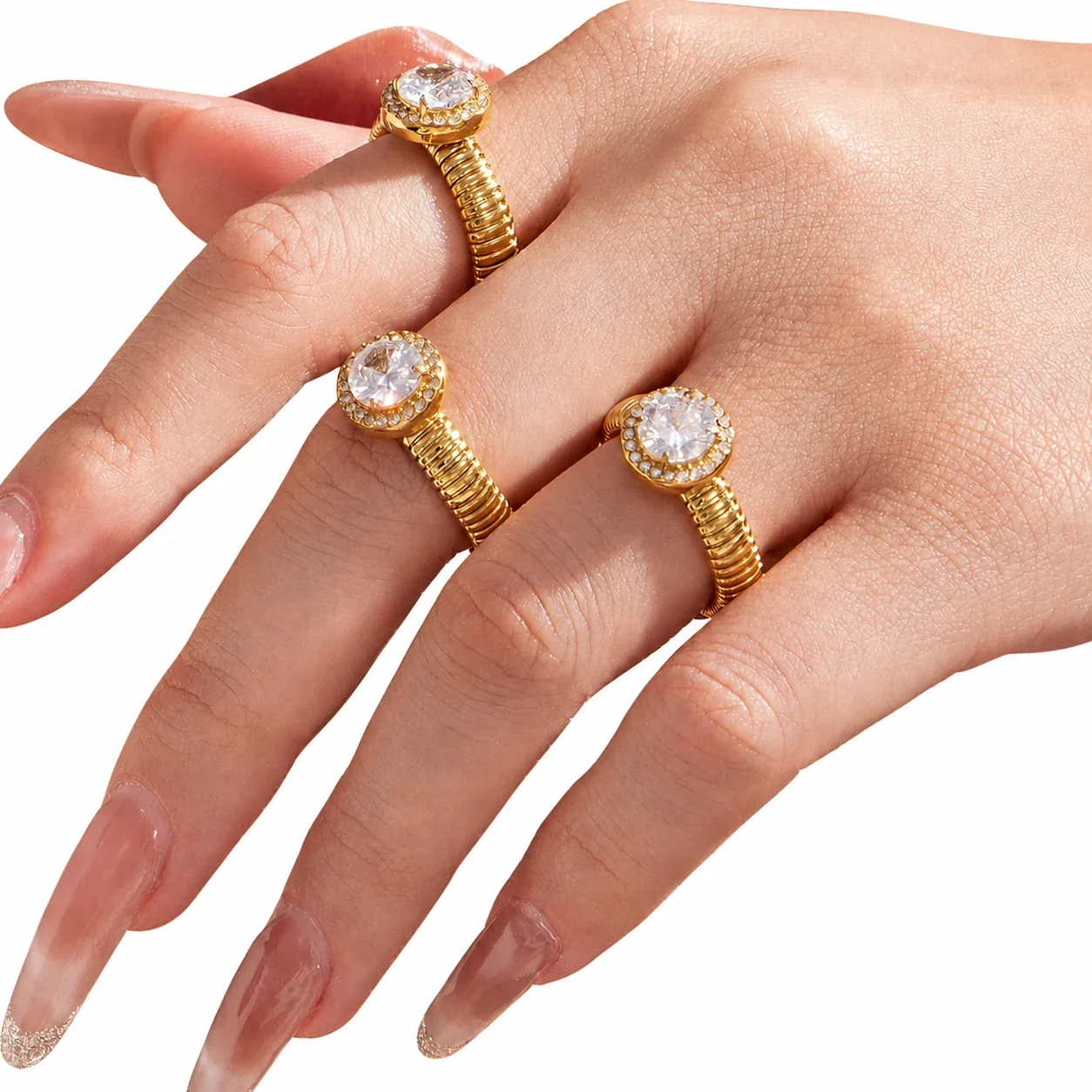 Ribbed Gold-Plated 316L Teardrop CZ Open Ring