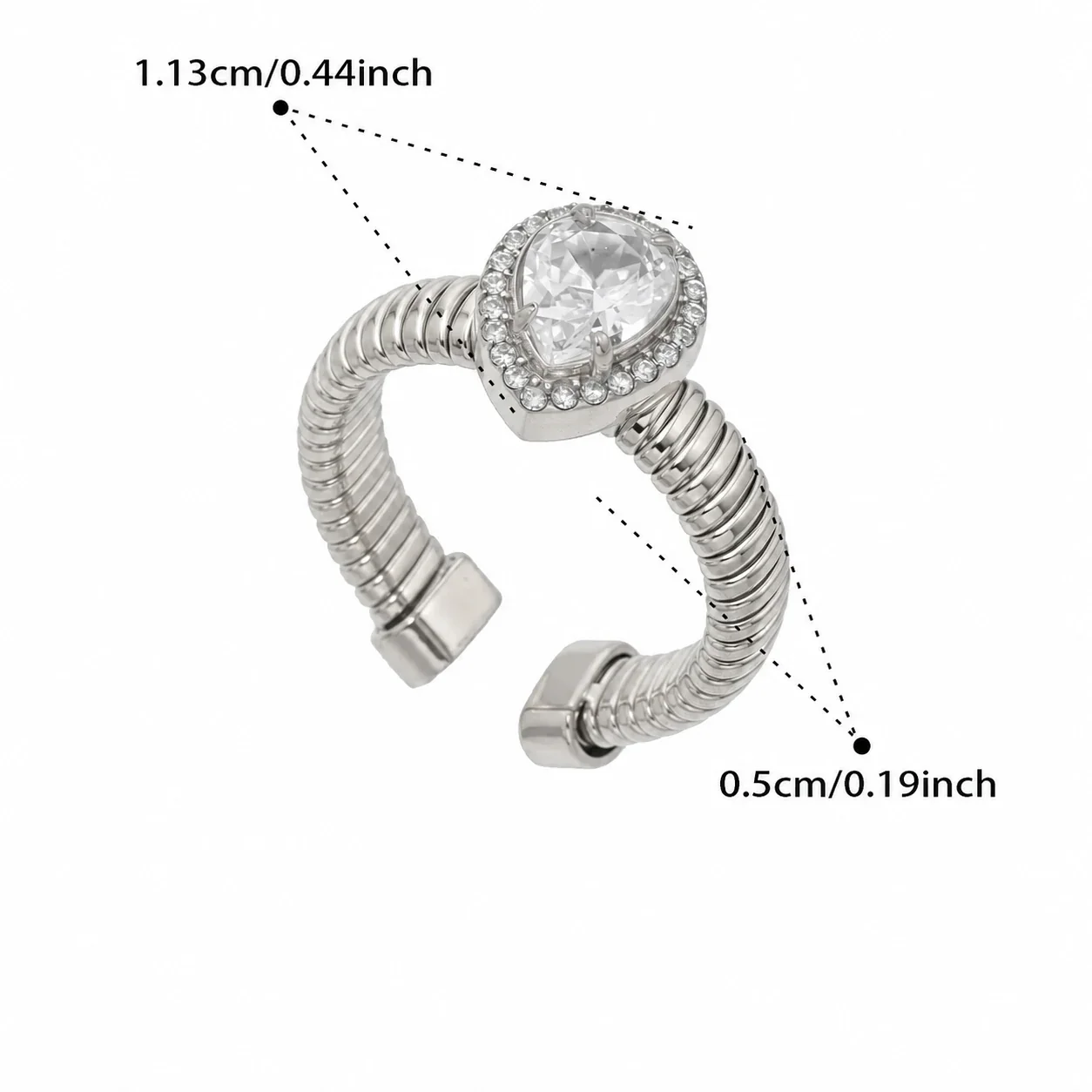 Ribbed Gold-Plated 316L Teardrop CZ Open Ring - Silver Teardrop CZ
