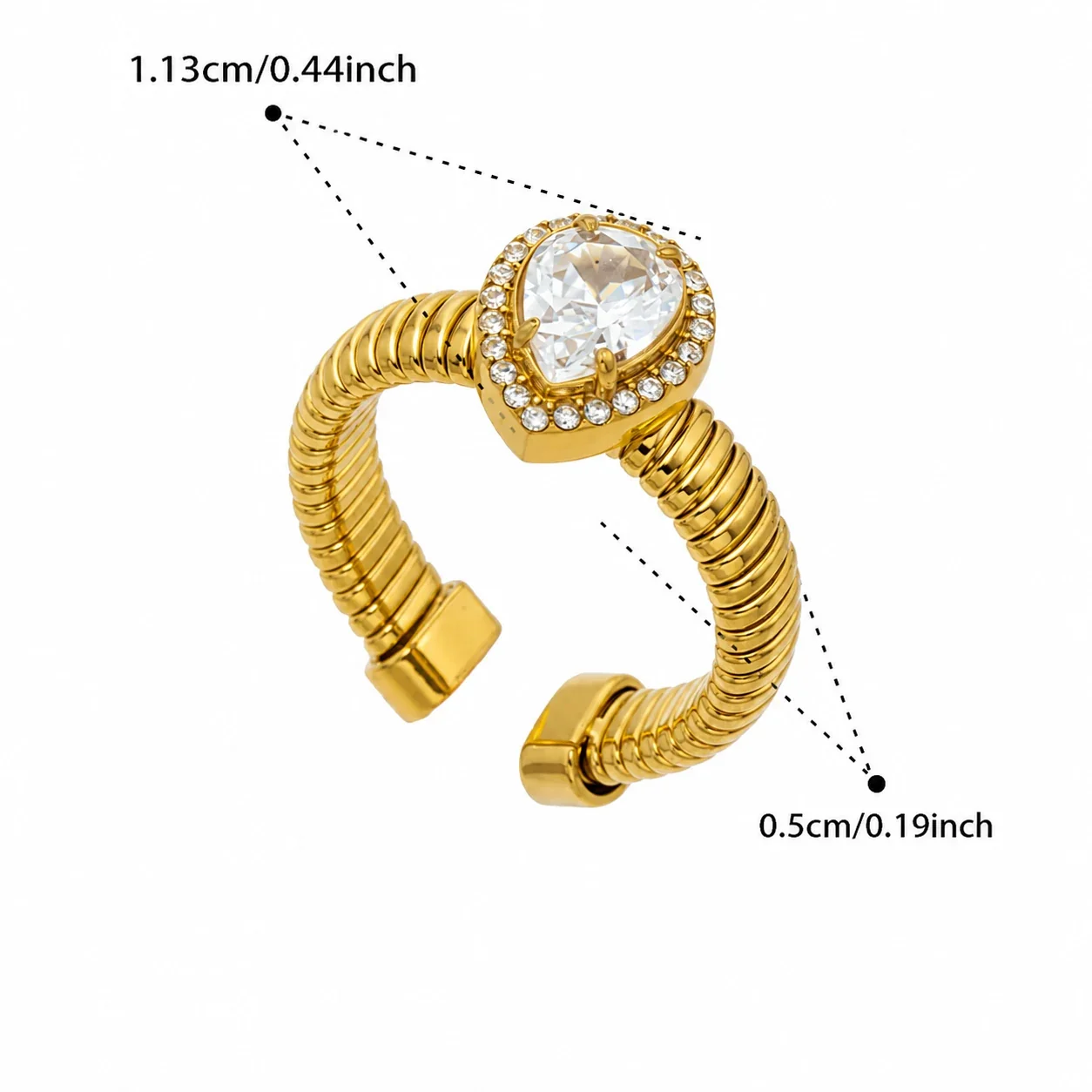 Ribbed Gold-Plated 316L Teardrop CZ Open Ring - Gold Teardrop CZ