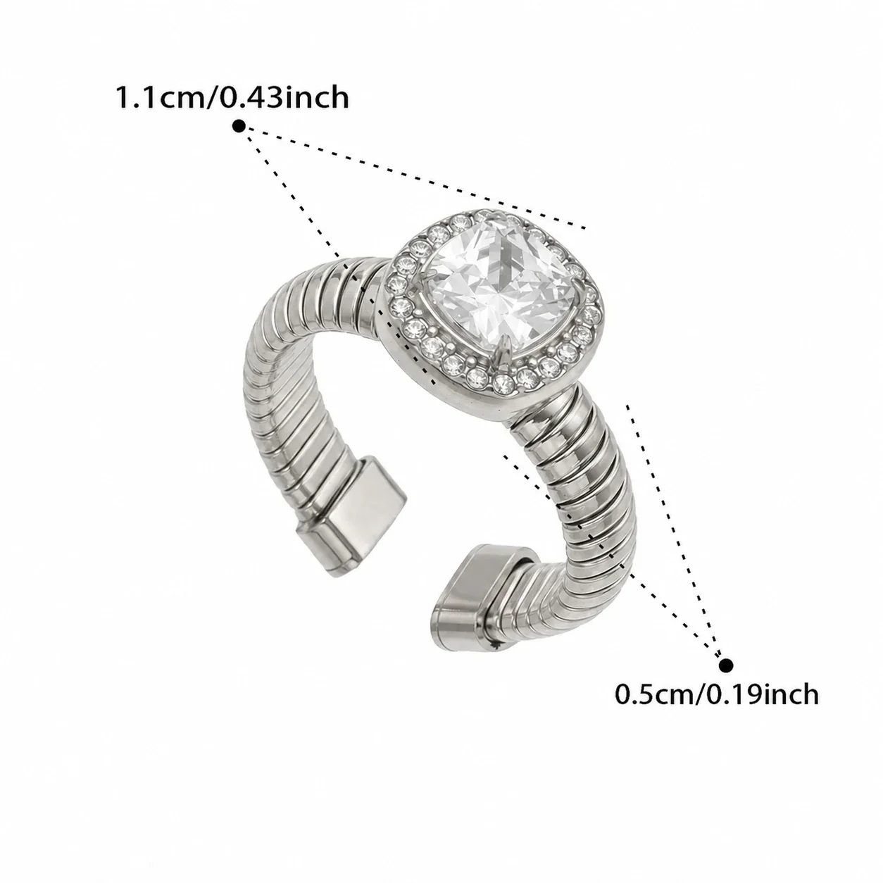 Ribbed Gold-Plated 316L Teardrop CZ Open Ring - Silver Square CZ
