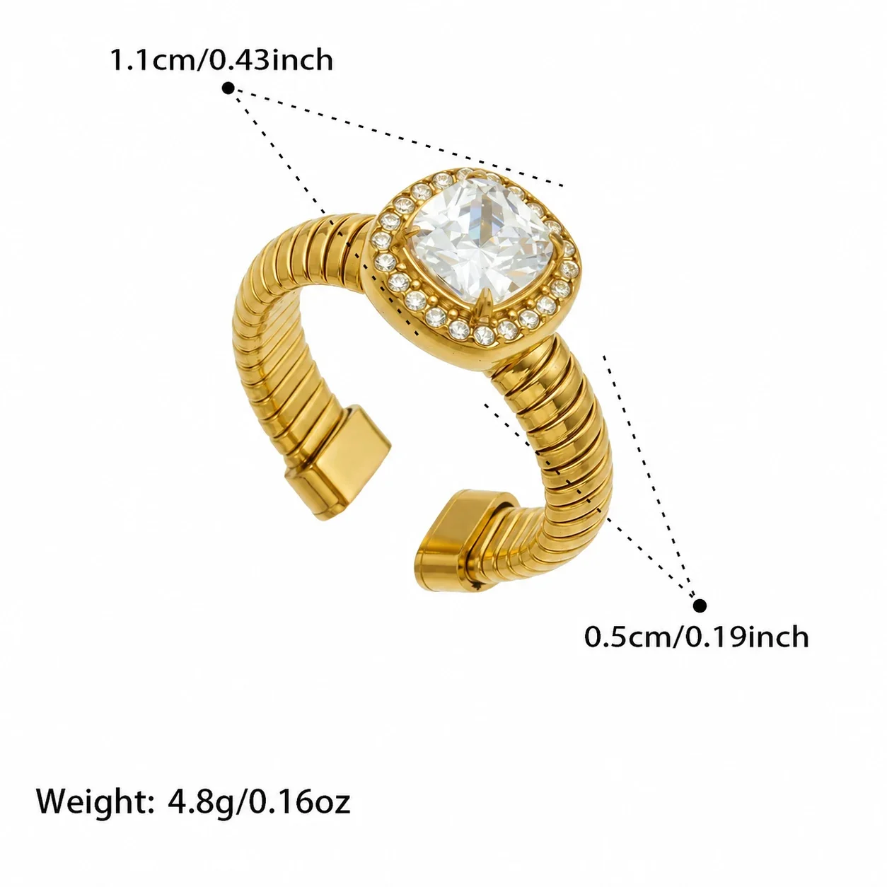 Ribbed Gold-Plated 316L Teardrop CZ Open Ring - Gold Square CZ