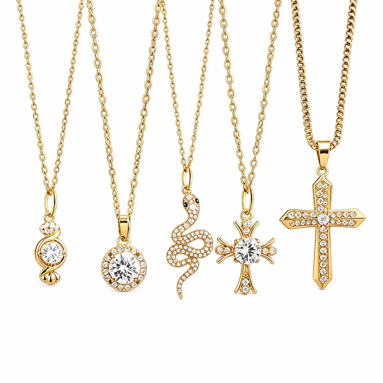 Gilded Stainless Steel Pavé Charm Pendant Necklace