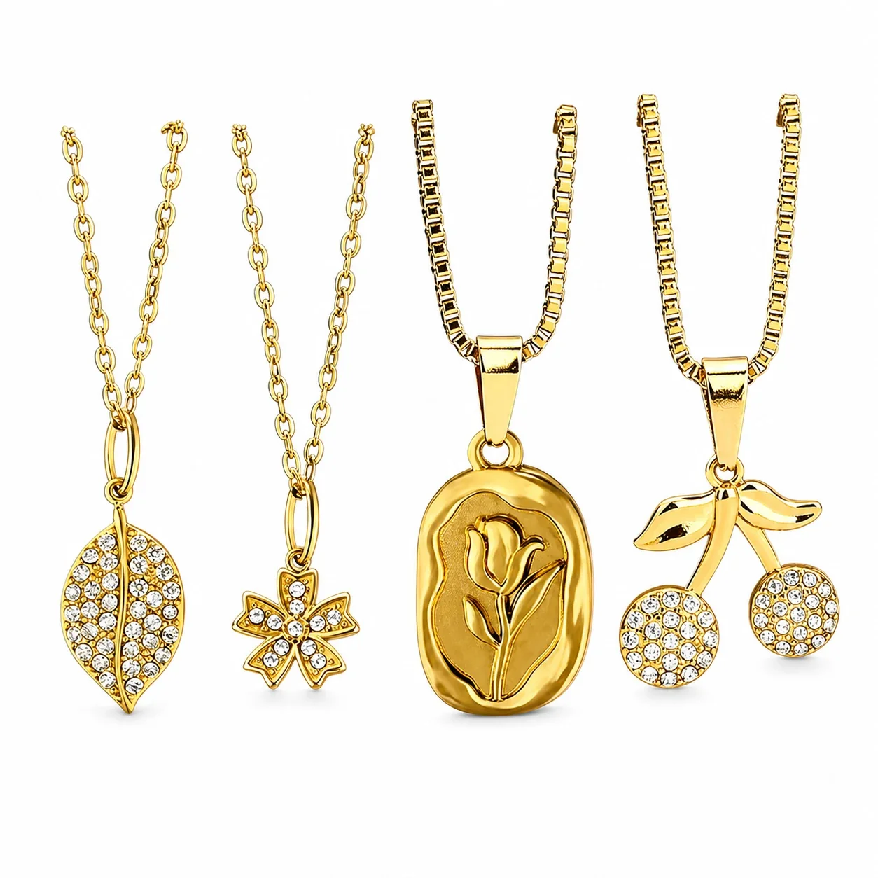 Gilded Stainless Steel Pavé Charm Pendant Necklace