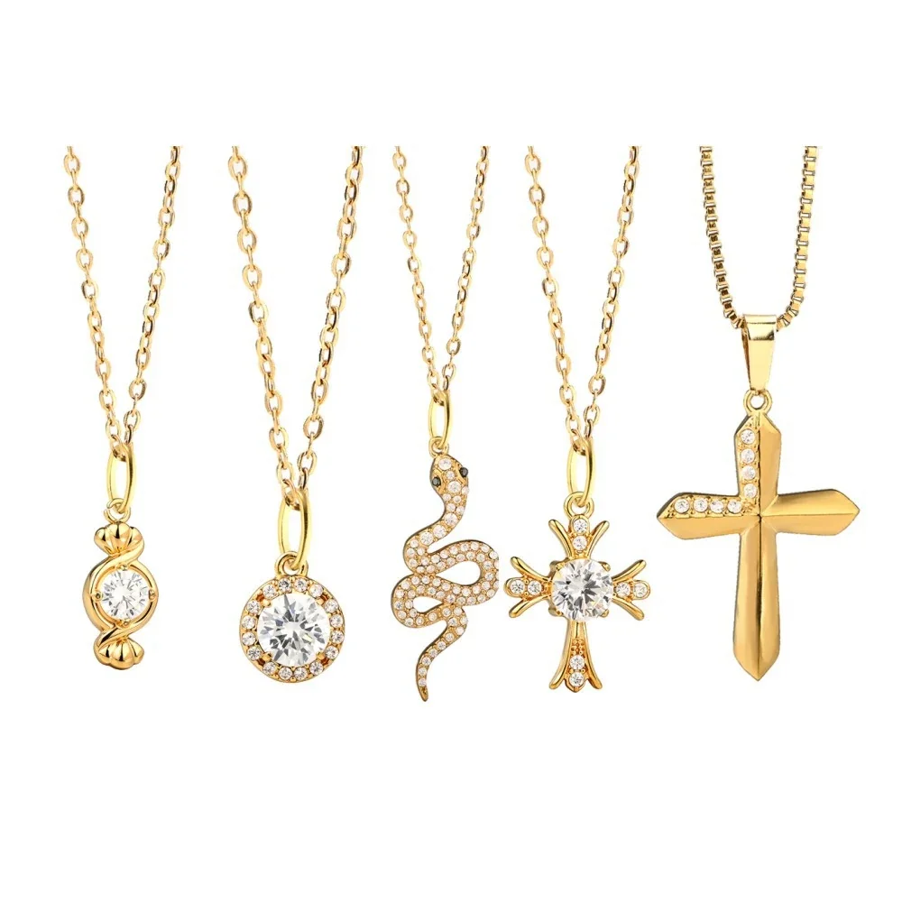 Gilded Stainless Steel Pavé Charm Pendant Necklace