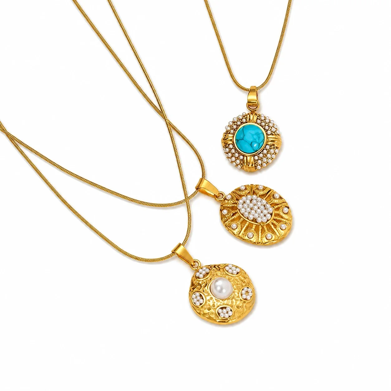 Ornate Stainless Steel Turquoise Pearl-Halo Pendant Necklace