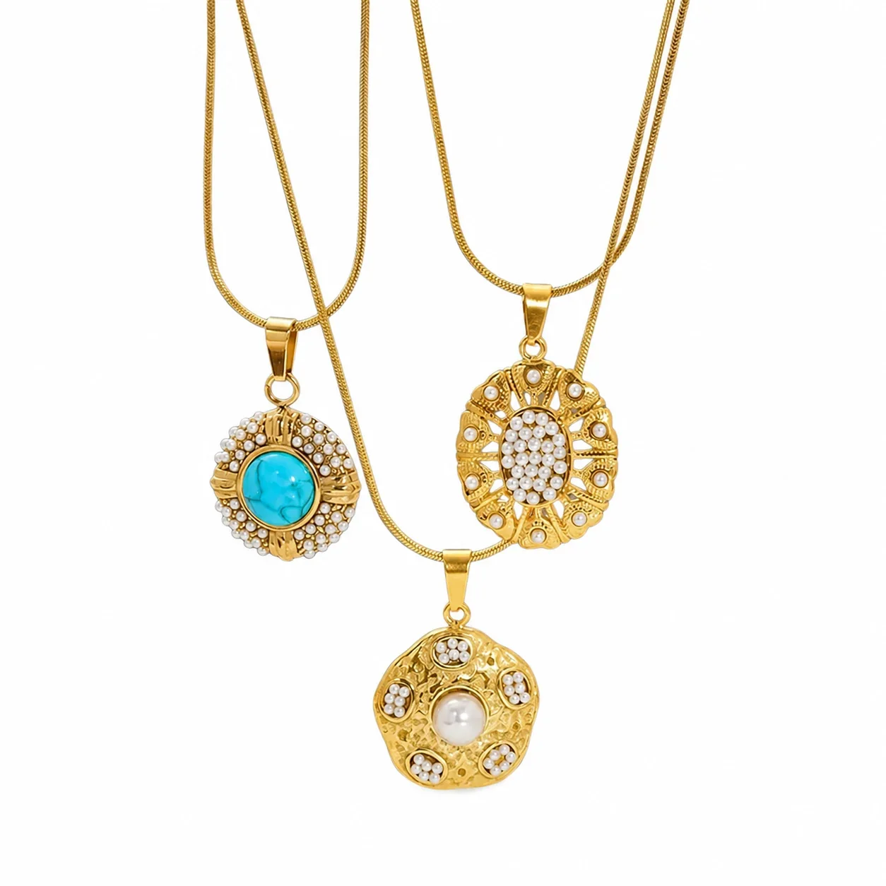 Ornate Stainless Steel Turquoise Pearl-Halo Pendant Necklace