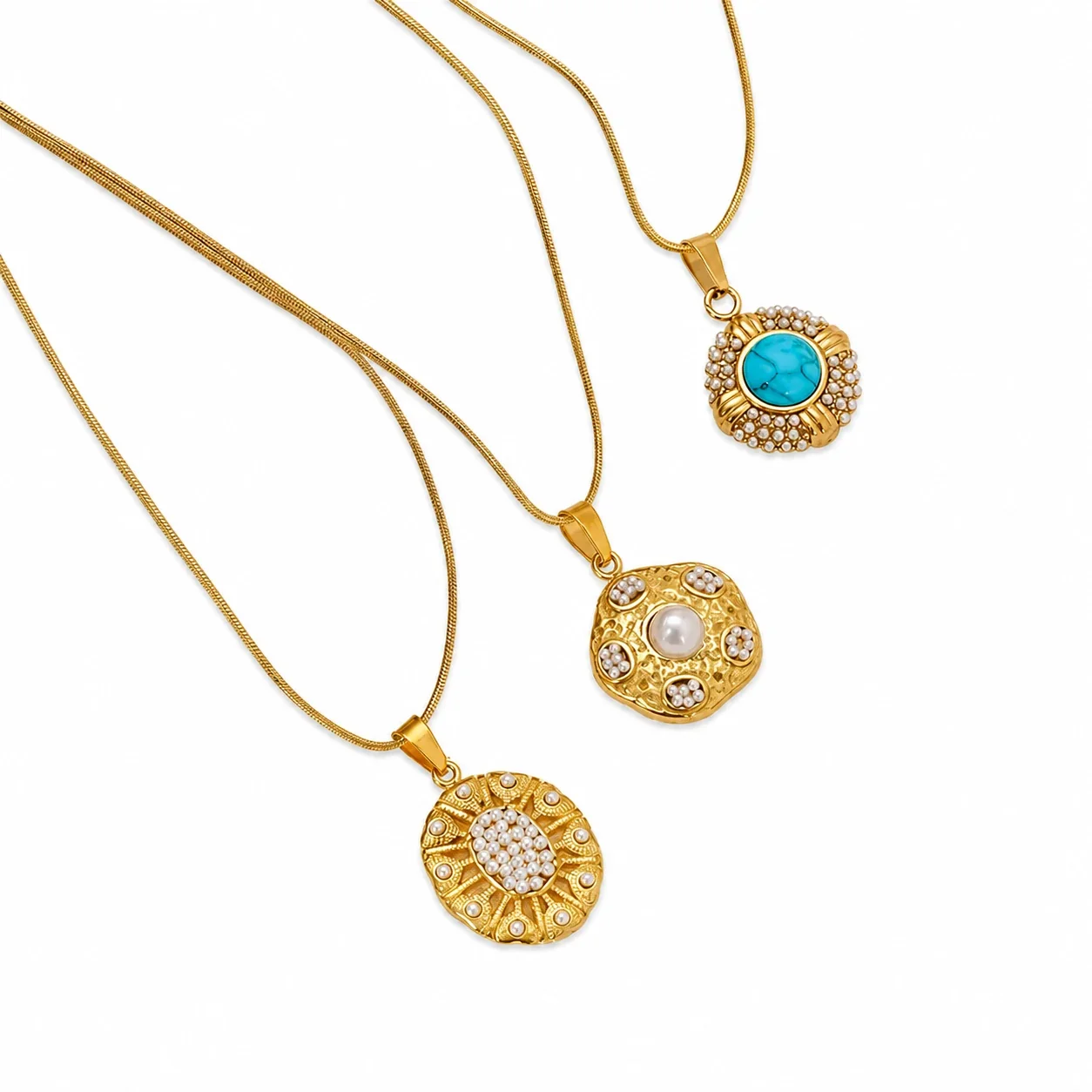 Ornate Stainless Steel Turquoise Pearl-Halo Pendant Necklace