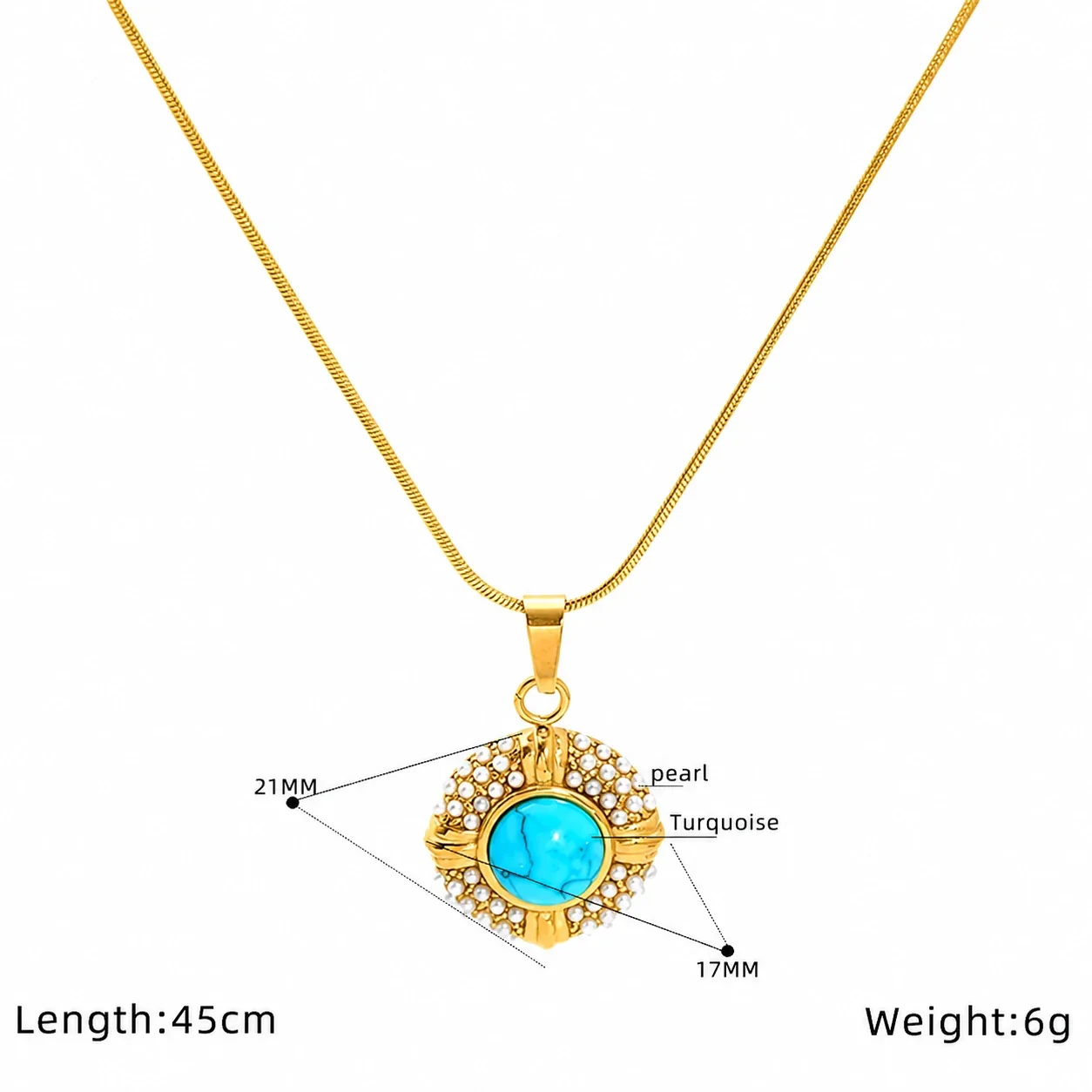 Ornate Stainless Steel Turquoise Pearl-Halo Pendant Necklace