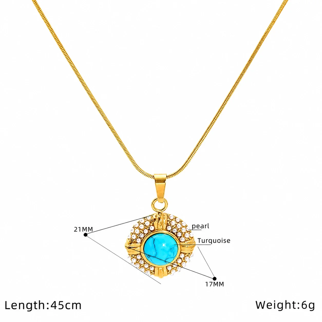 Ornate Stainless Steel Turquoise Pearl-Halo Pendant Necklace - Gold Turquoise Medallion