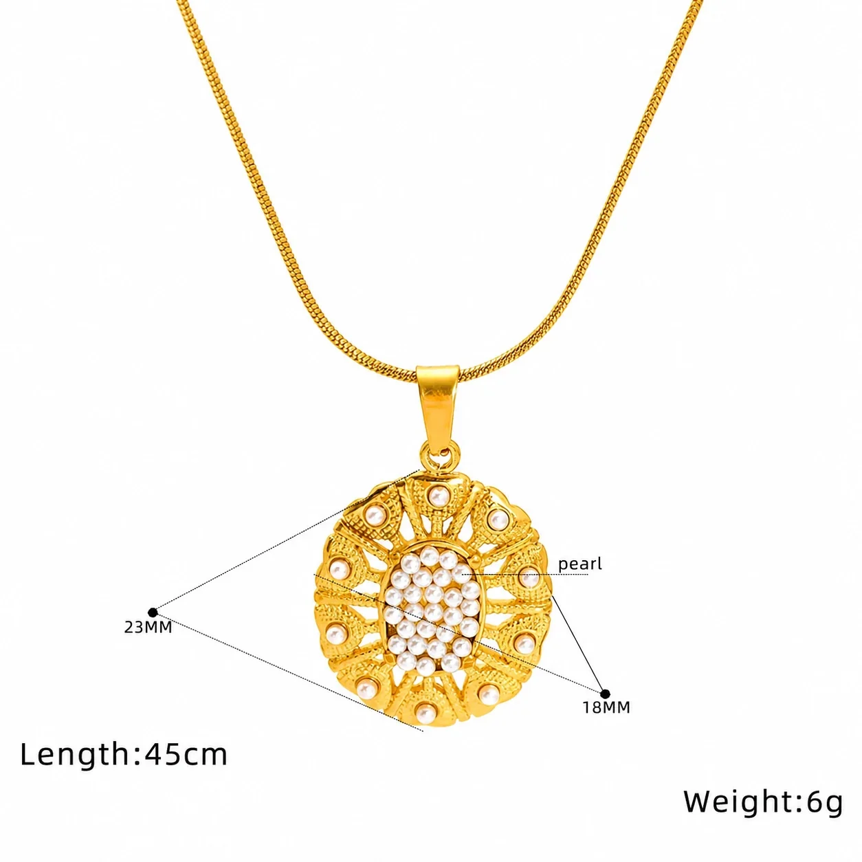 Ornate Stainless Steel Turquoise Pearl-Halo Pendant Necklace - Gold Pearl Oval Medallion