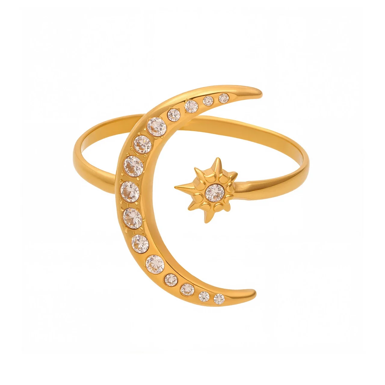Celestial Gold-Plated Moon Star CZ Open Ring