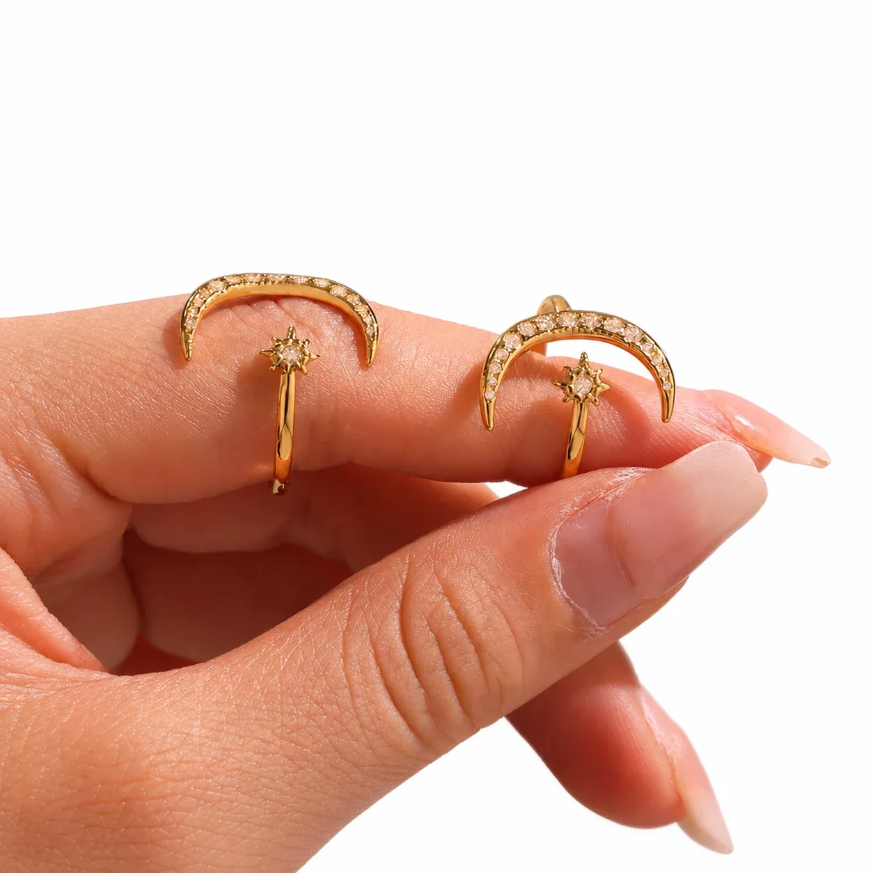 Celestial Gold-Plated Moon Star CZ Open Ring