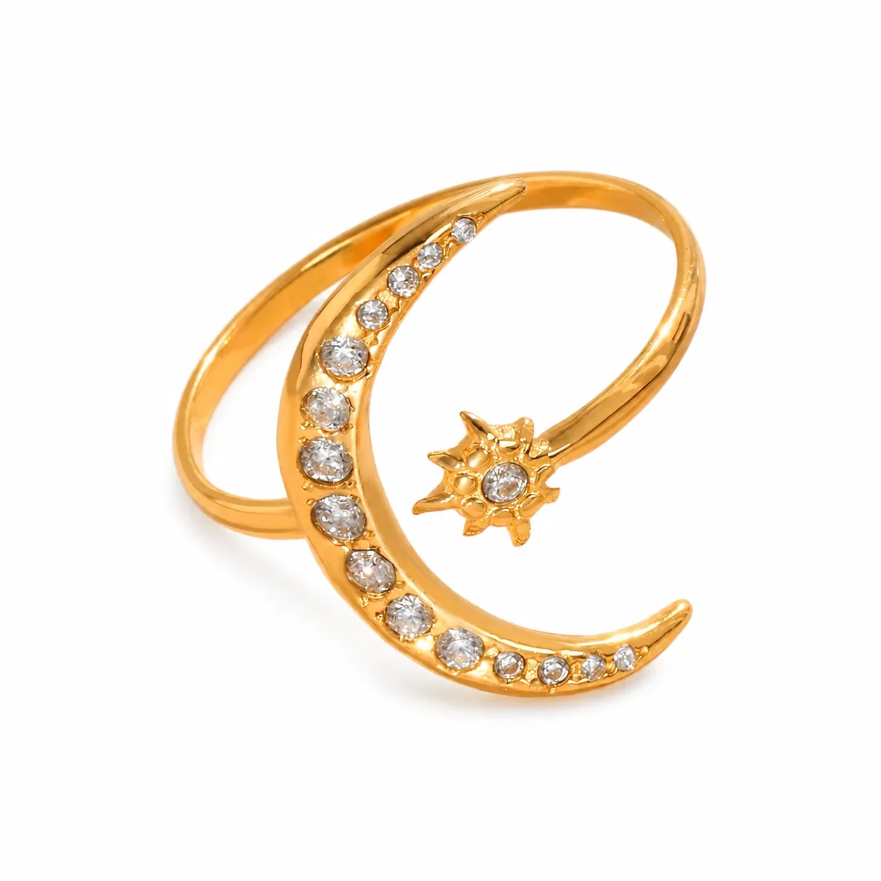 Celestial Gold-Plated Moon Star CZ Open Ring