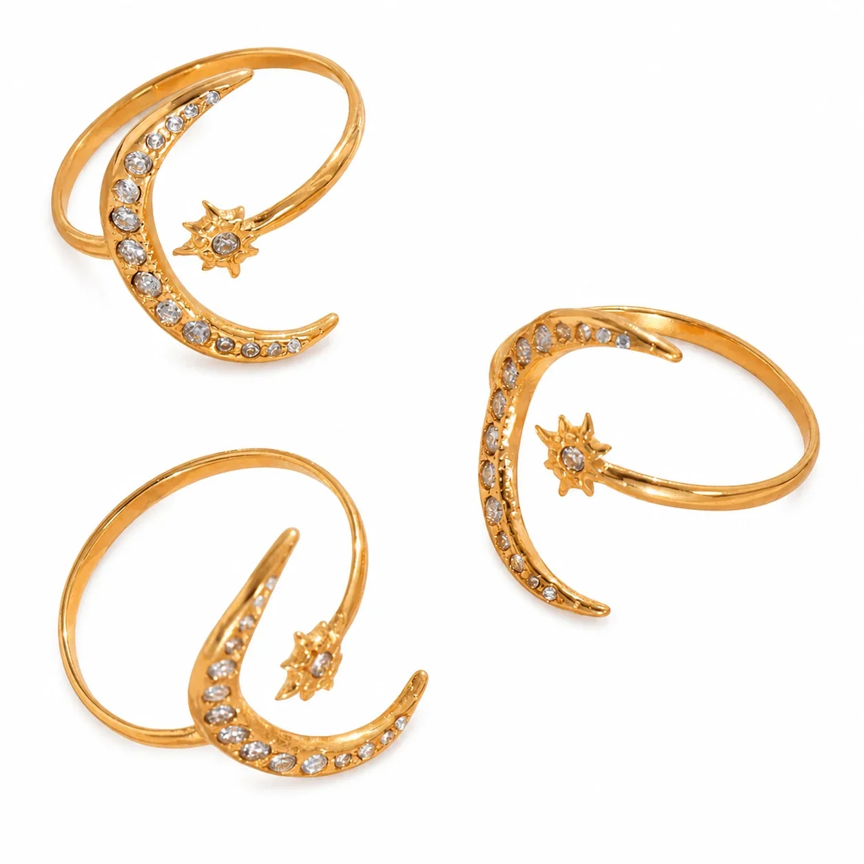 Celestial Gold-Plated Moon Star CZ Open Ring