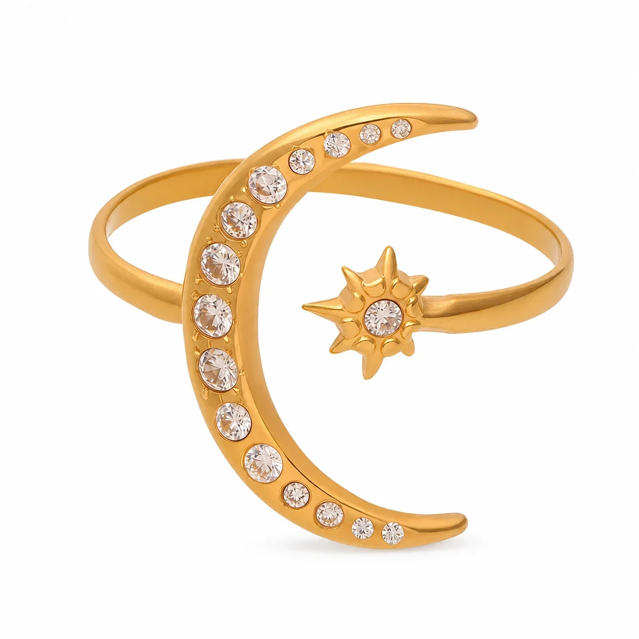 Celestial Gold-Plated Moon Star CZ Open Ring - Gold Moon Star CZ