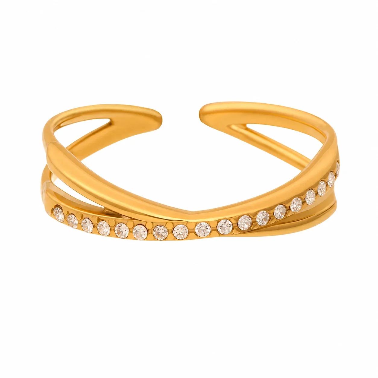 Celestial Gold-Plated Moon Star CZ Open Ring - Gold Cross CZ