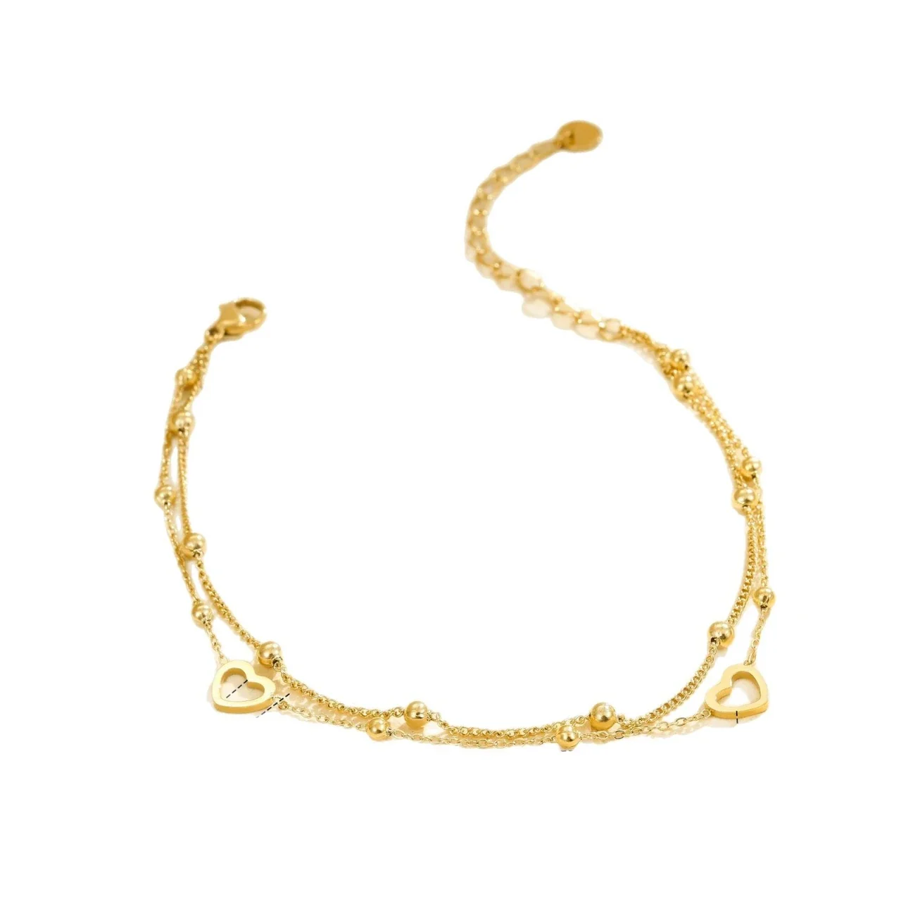 Anklet with Layered Bead Chains and Heart Motifs, Stainless Steel