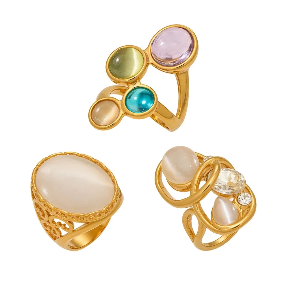 Sculptural 316 Stainless Steel Cabochon Open-Front Ring