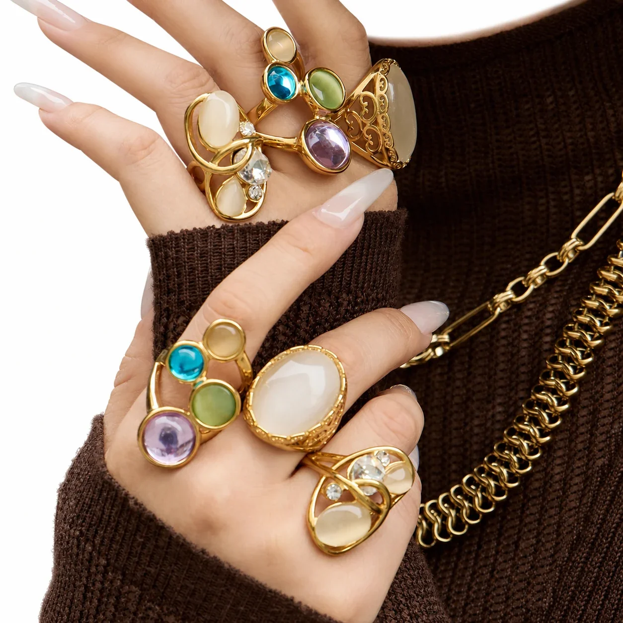 Sculptural 316 Stainless Steel Cabochon Open-Front Ring