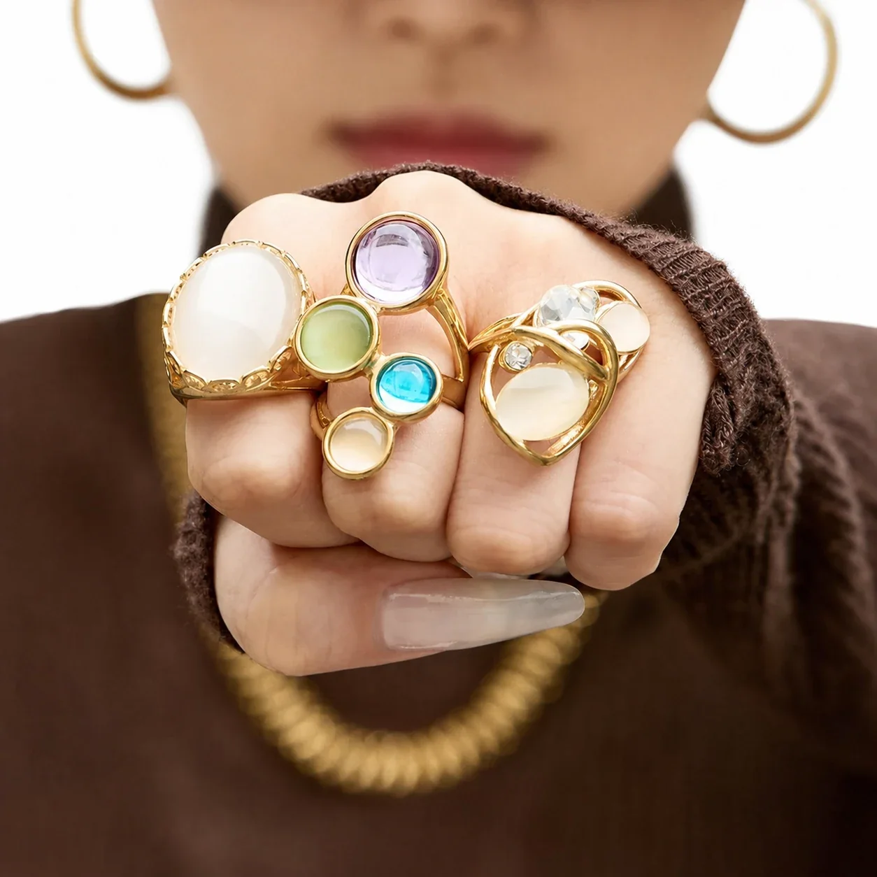 Sculptural 316 Stainless Steel Cabochon Open-Front Ring