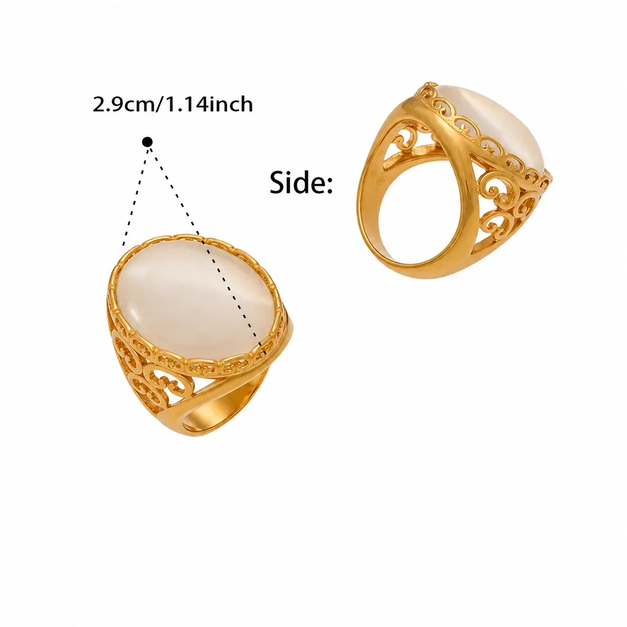 Sculptural 316 Stainless Steel Cabochon Open-Front Ring - Gold Multicolor Cabochon