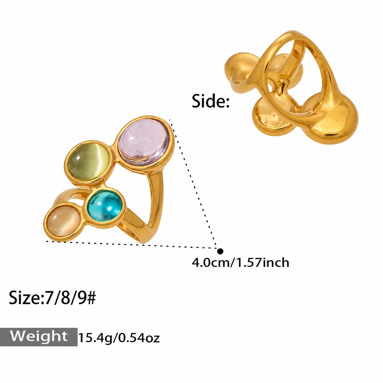 Sculptural 316 Stainless Steel Cabochon Open-Front Ring - Gold Pearl-Effect Crystal