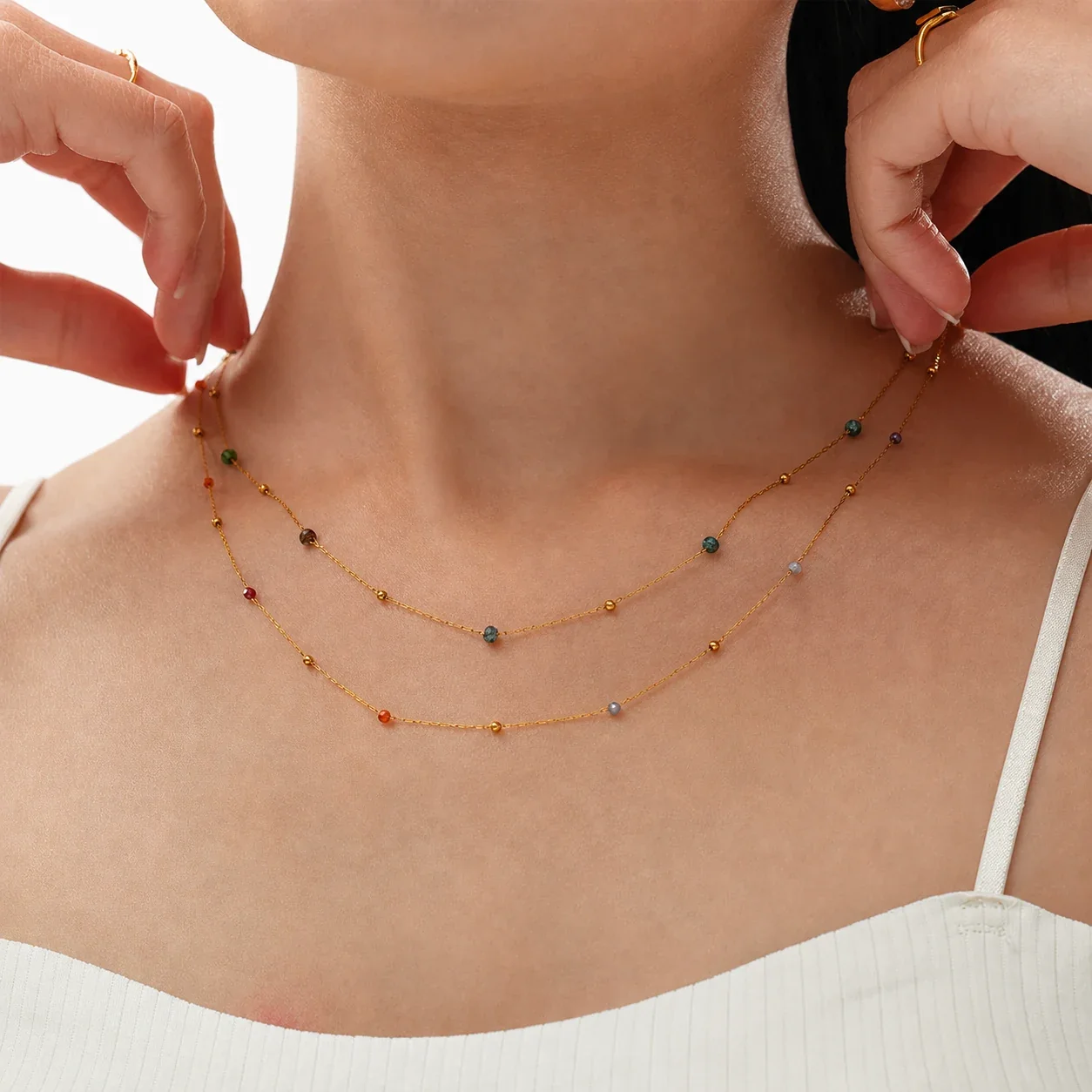 Delicate Gold-Plated Faceted Stone Bead Chain Necklace