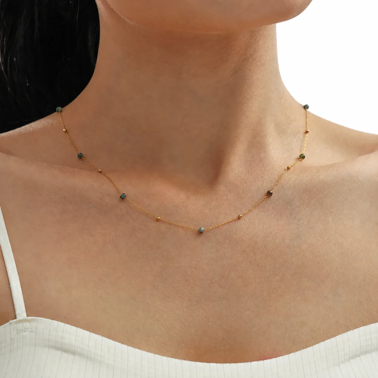 Delicate Gold-Plated Faceted Stone Bead Chain Necklace