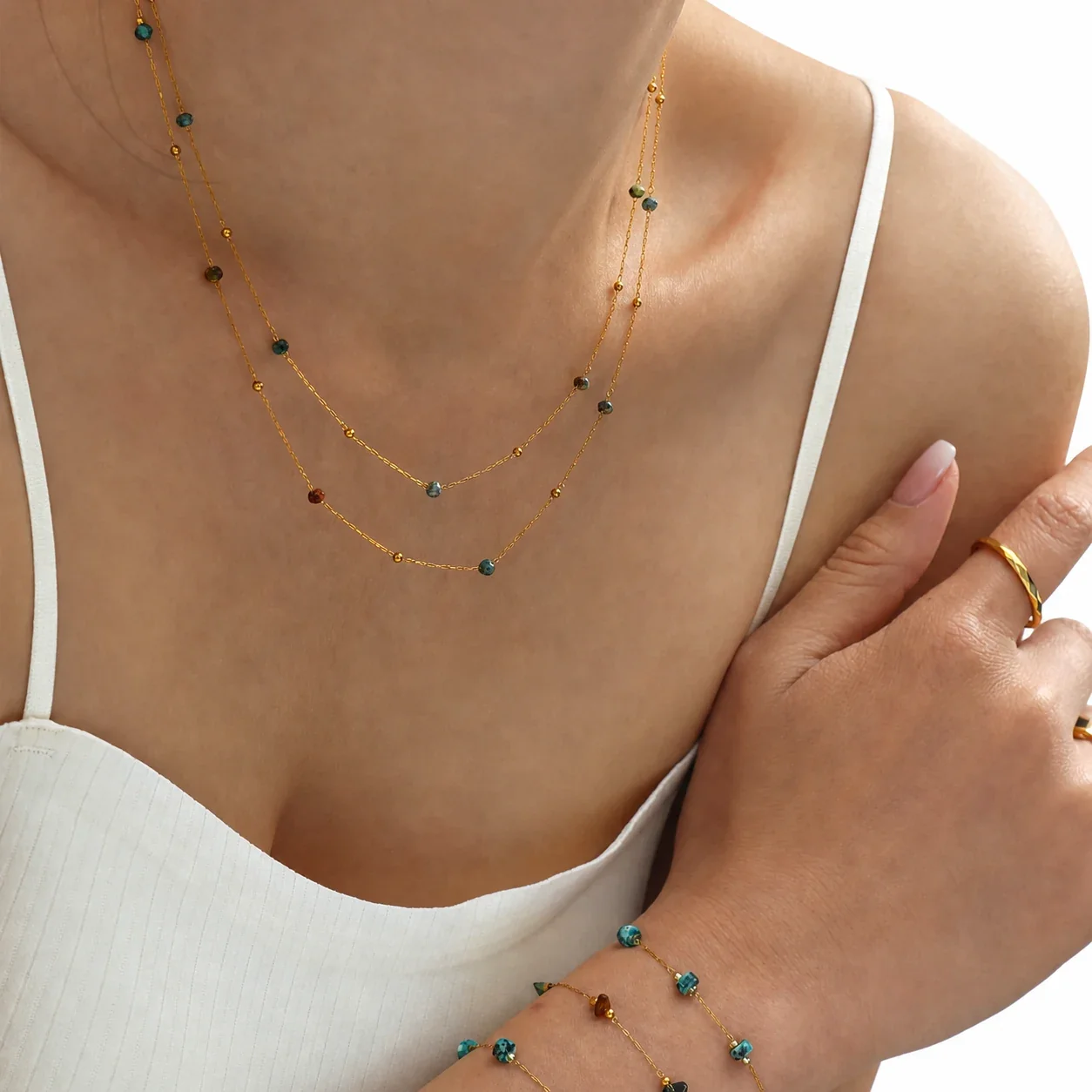 Delicate Gold-Plated Faceted Stone Bead Chain Necklace