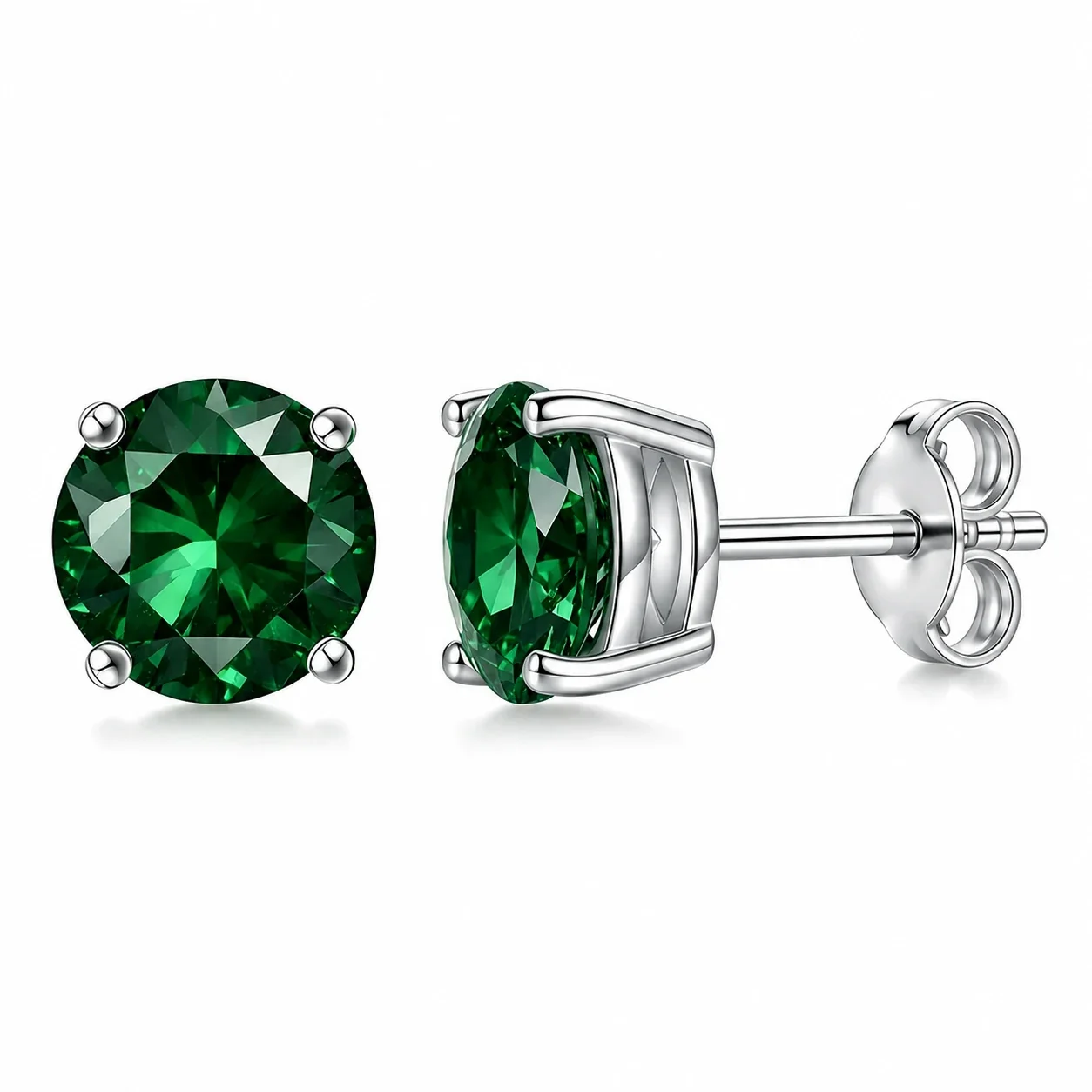 Refined Stainless Steel Round CZ Stud Earrings - Silver Green CZ