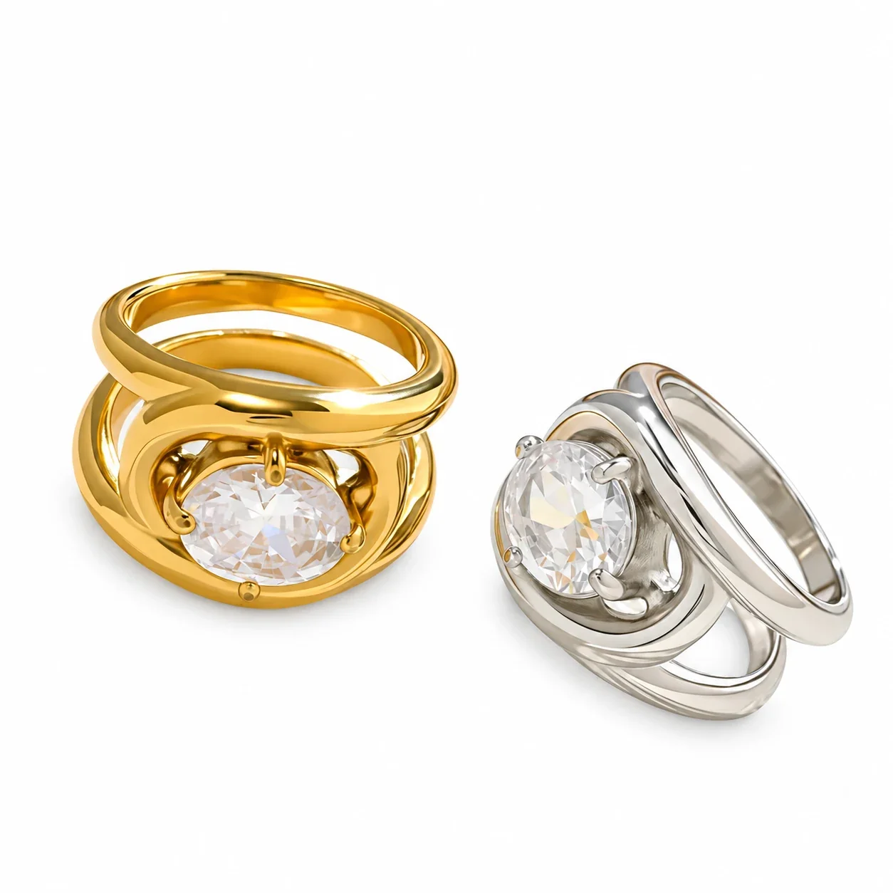 Stainless Steel Wrap Ring with Oval Clear Crystal