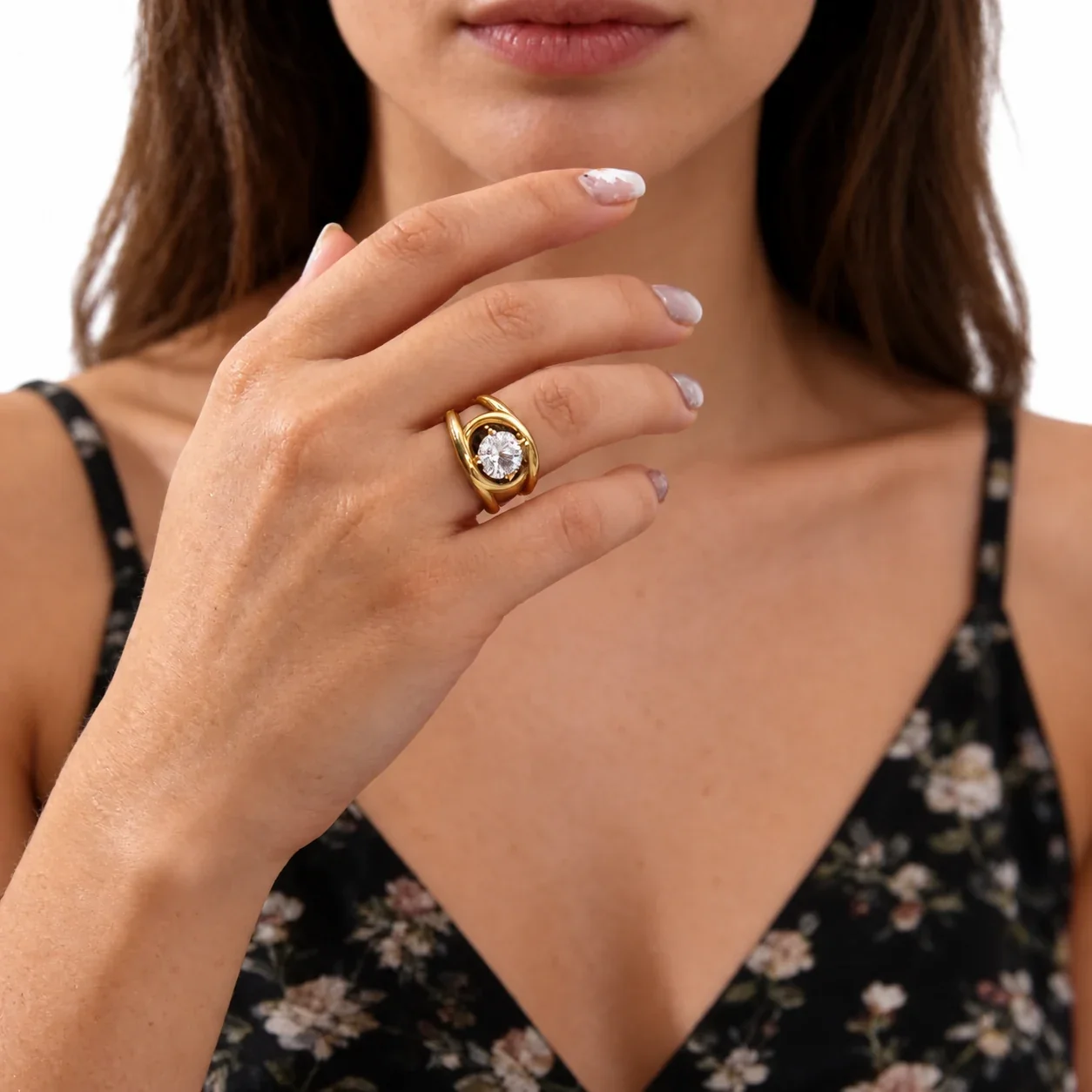 Stainless Steel Wrap Ring with Oval Clear Crystal