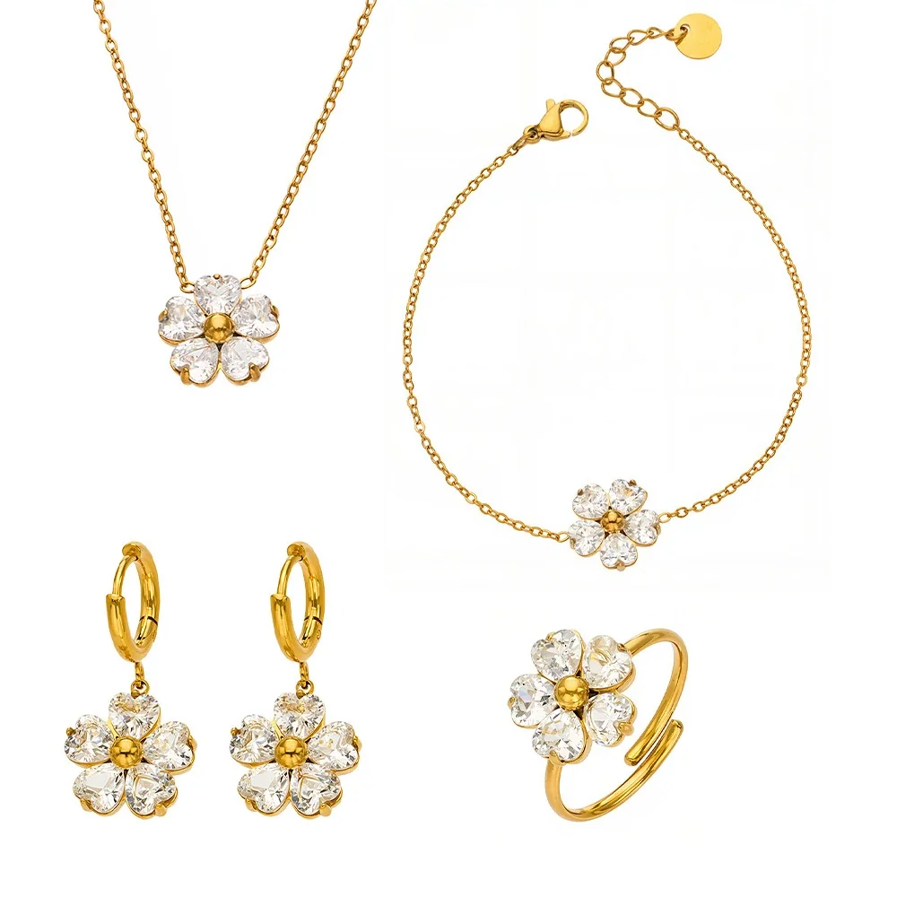 Jewelry Set Five-Petal Crystal Flowers Stainless Steel