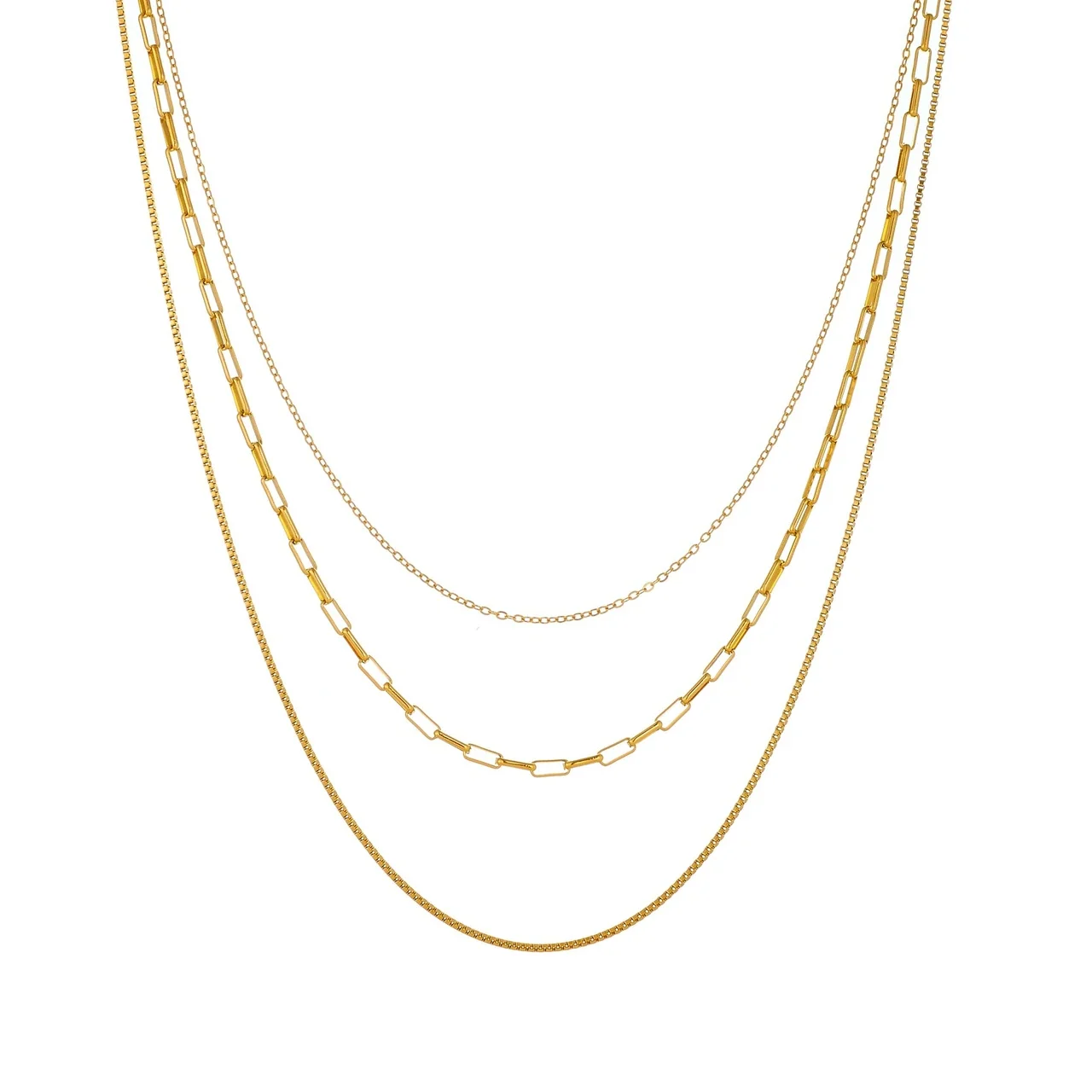 Colar em Aço com Banho Dourado de Correntes Paperclip, Cabo e Caixa em Camadas