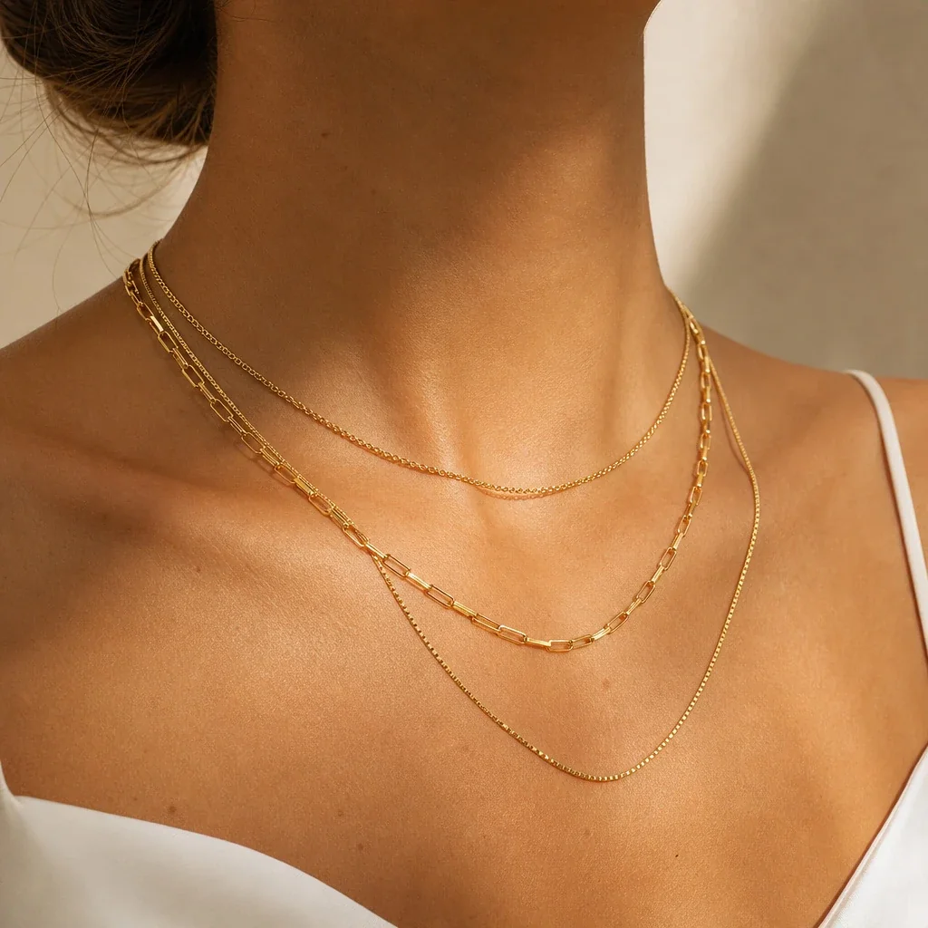 Foto do produto: Colar em Aço com Banho Dourado de Correntes Paperclip, Cabo e Caixa em Camadas