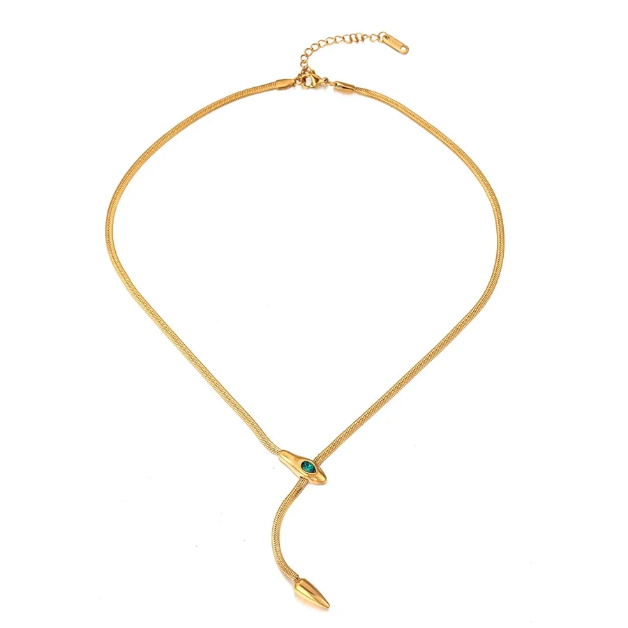 Snake Chain Necklace with Green Cubic Zirconia, Stainless Steel