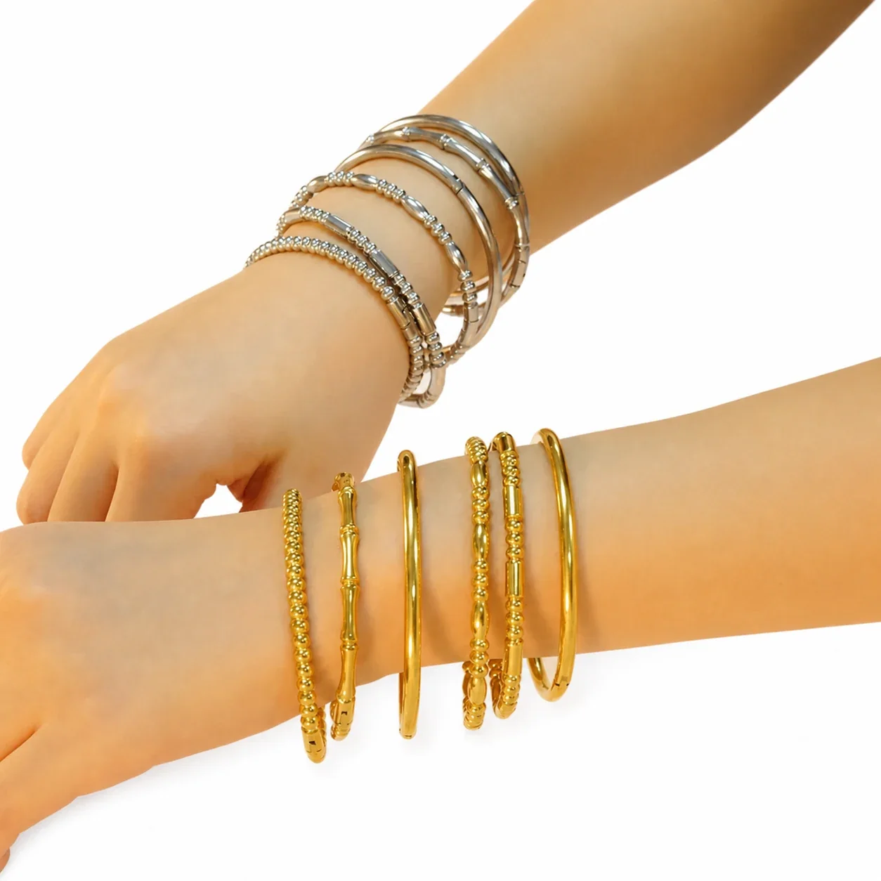 Polished Stainless Steel Bamboo Bead Stacking Bangle
