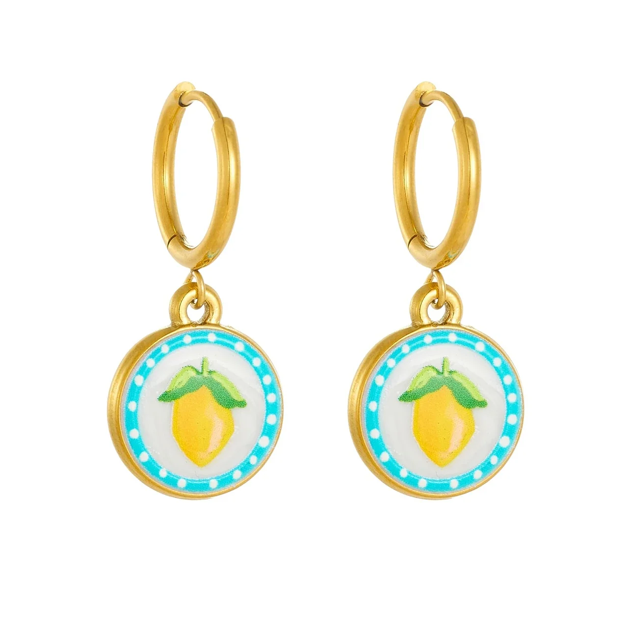 Hoop Earrings, Lemon Medallion Enamel, Gold-Plated Stainless Steel