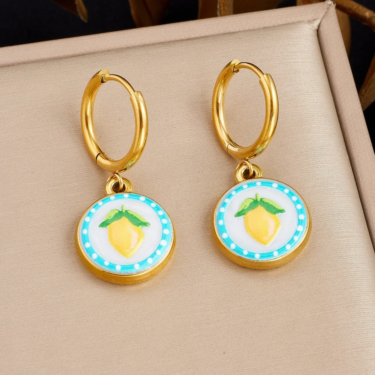 Hoop Earrings, Lemon Medallion Enamel, Gold-Plated Stainless Steel