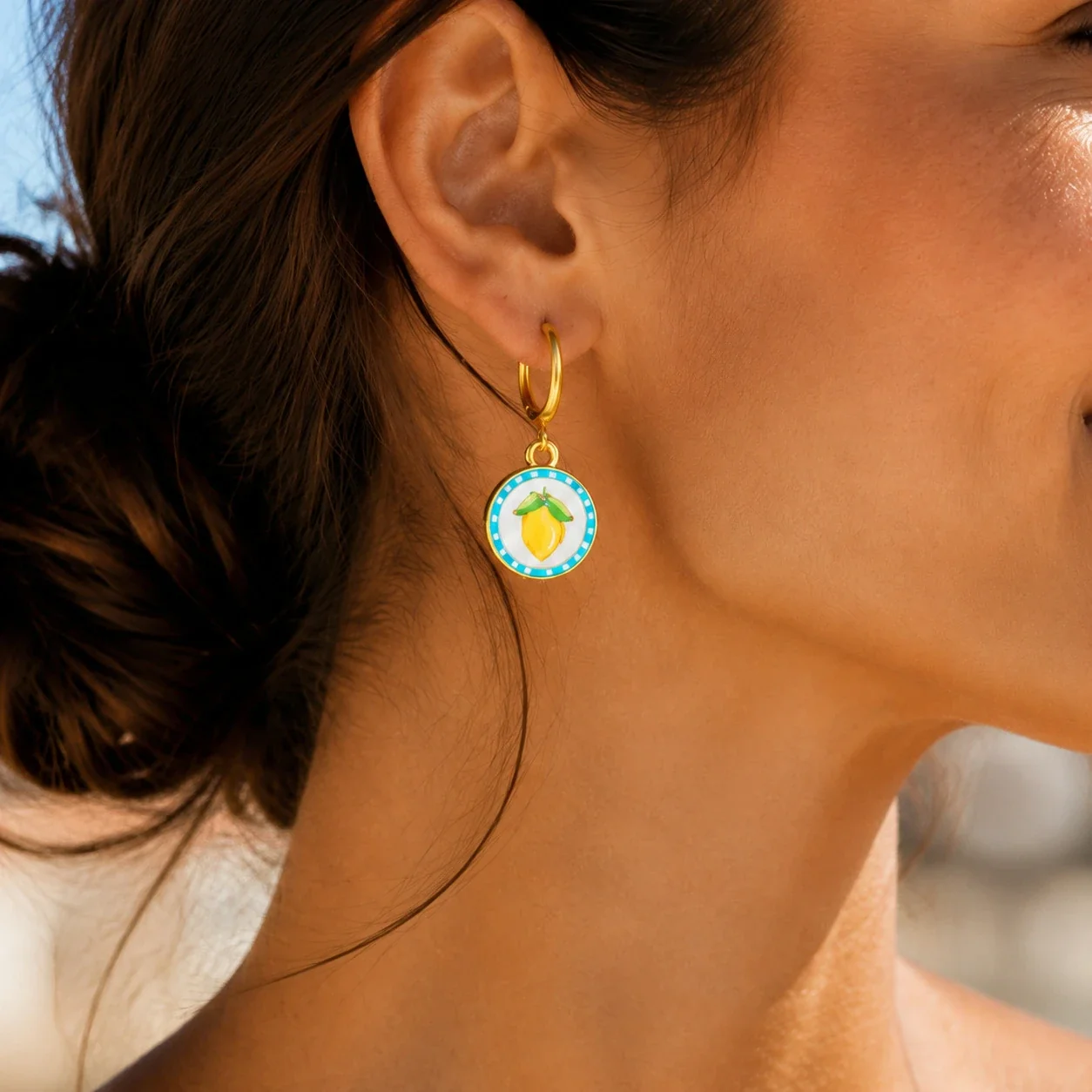 Hoop Earrings, Lemon Medallion Enamel, Gold-Plated Stainless Steel