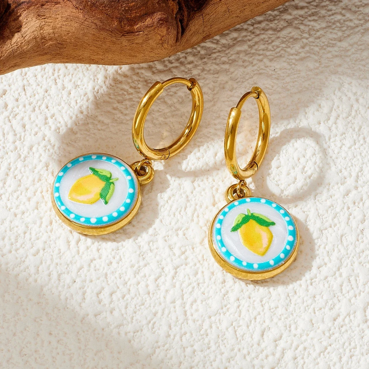 Hoop Earrings, Lemon Medallion Enamel, Gold-Plated Stainless Steel