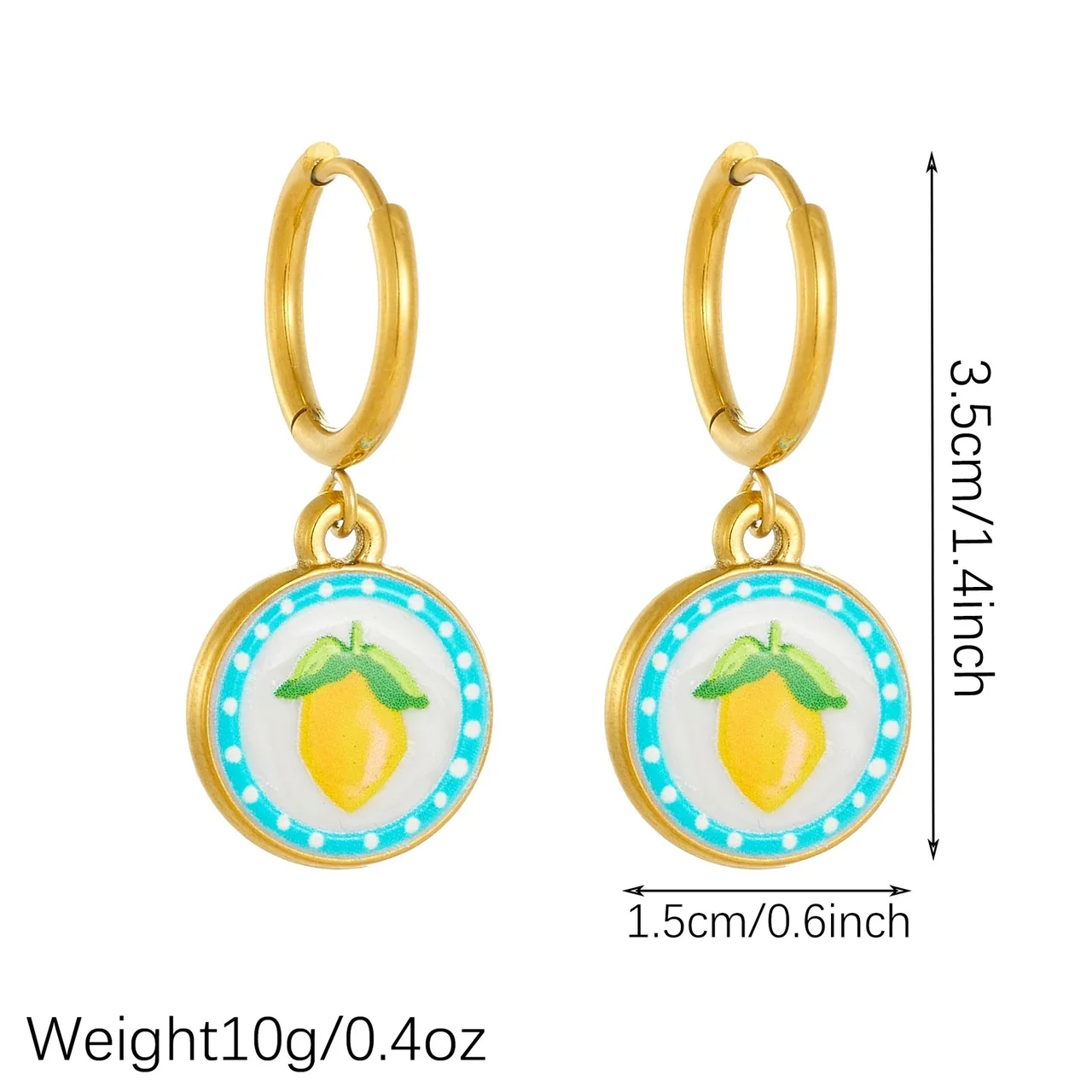 Hoop Earrings, Lemon Medallion Enamel, Gold-Plated Stainless Steel