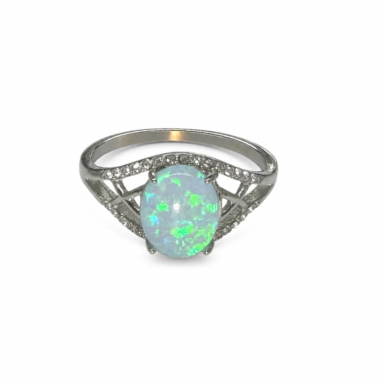 Iridescent 316 Stainless Steel Oval Opal Signet Ring - Blue Opal