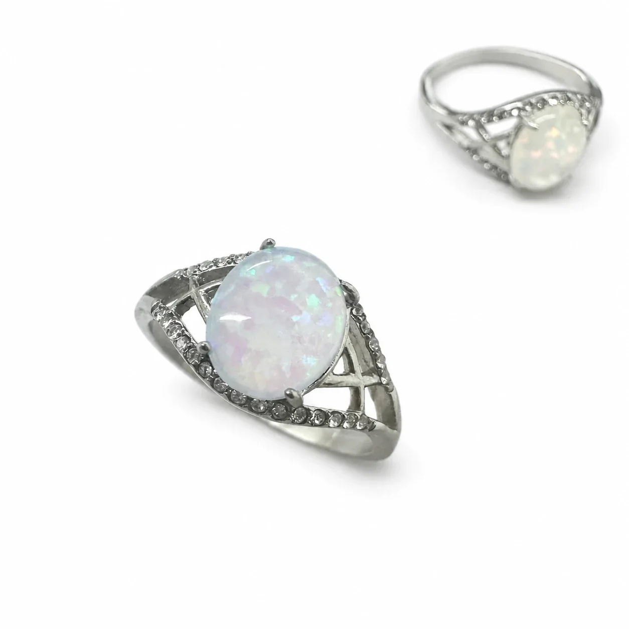Iridescent 316 Stainless Steel Oval Opal Signet Ring - White Opal