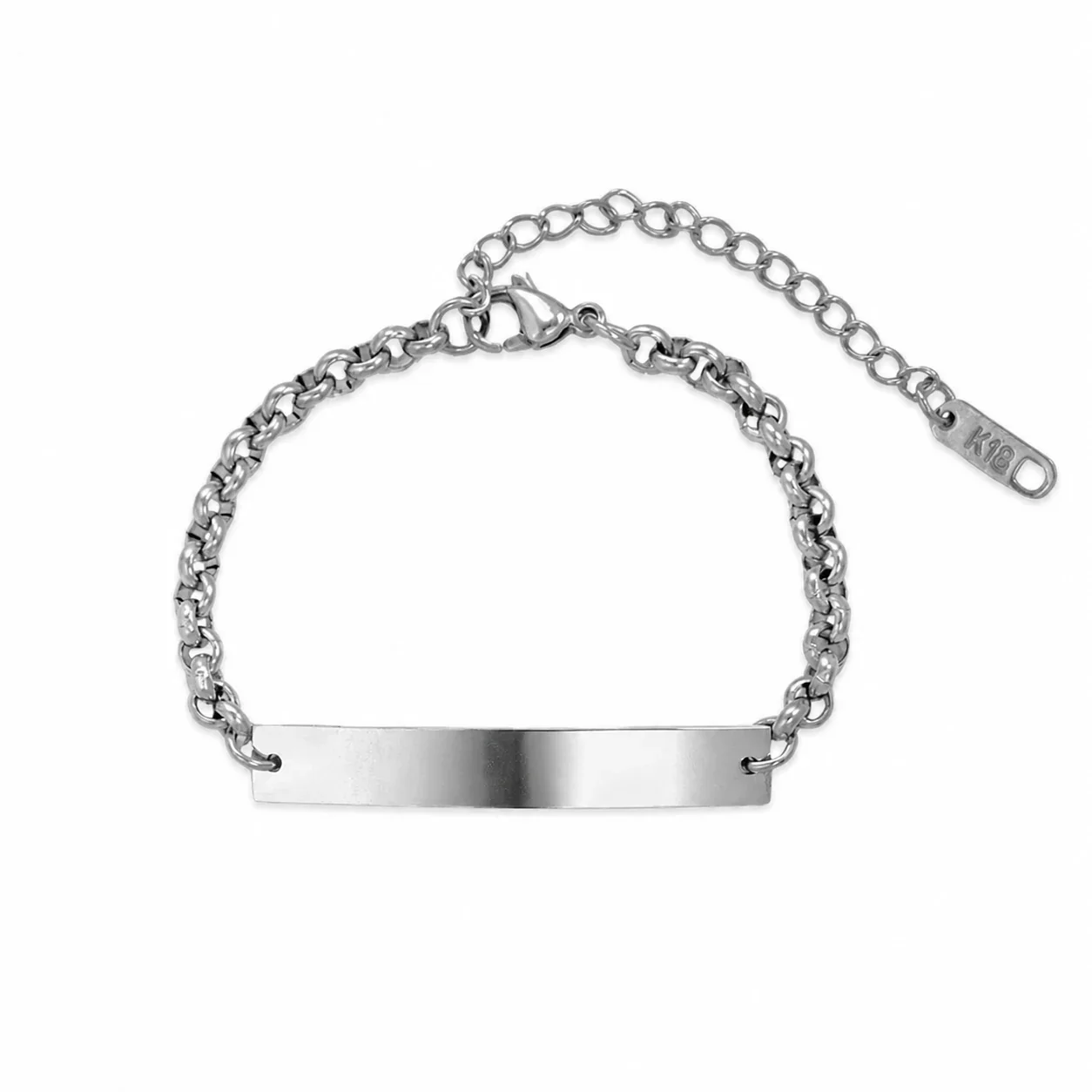 Polished Stainless Steel ID Plate Rolo Chain Bracelet - Silver