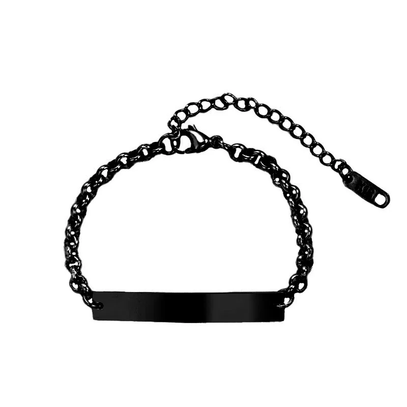 Polished Stainless Steel ID Plate Rolo Chain Bracelet - Black