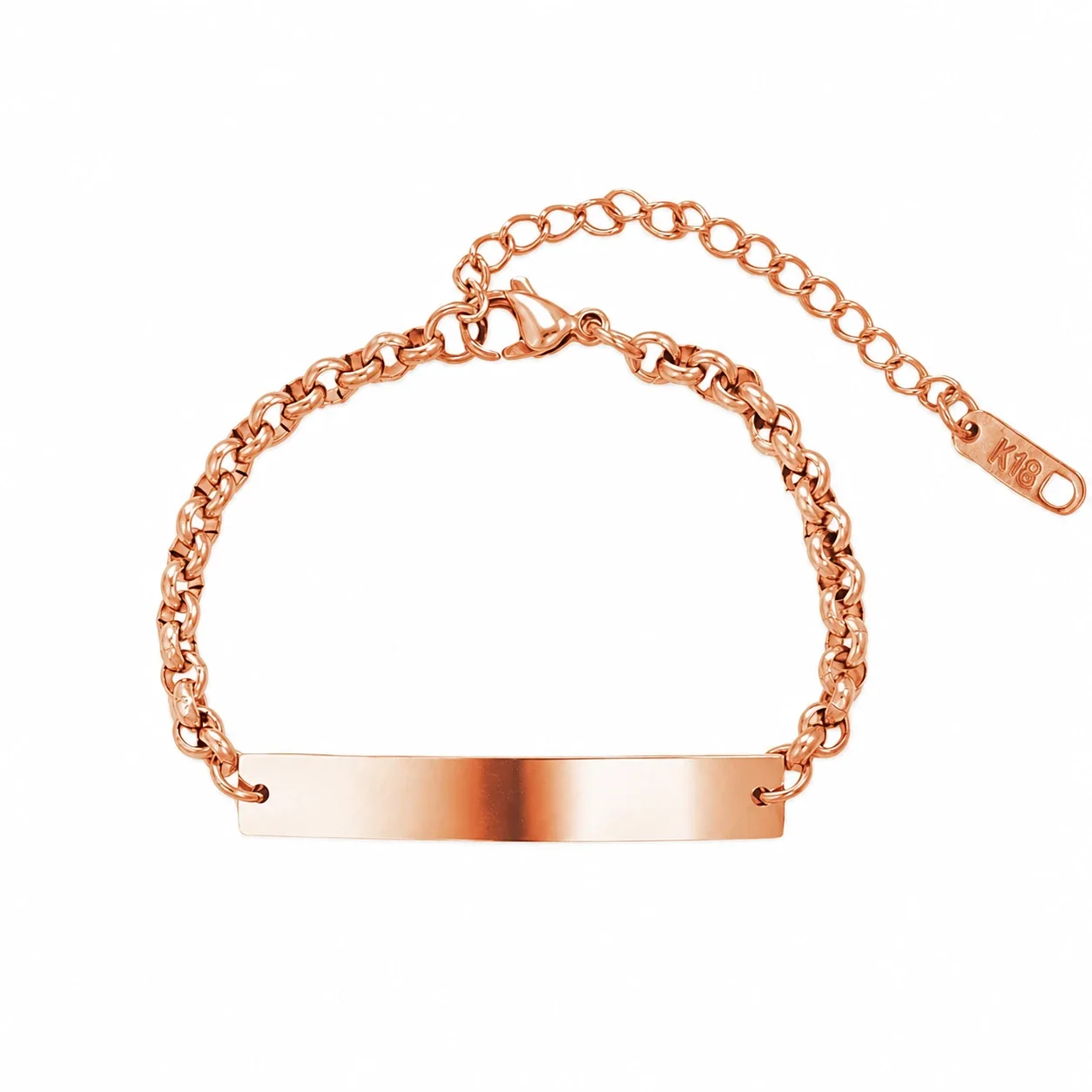 Polished Stainless Steel ID Plate Rolo Chain Bracelet - Rose Gold