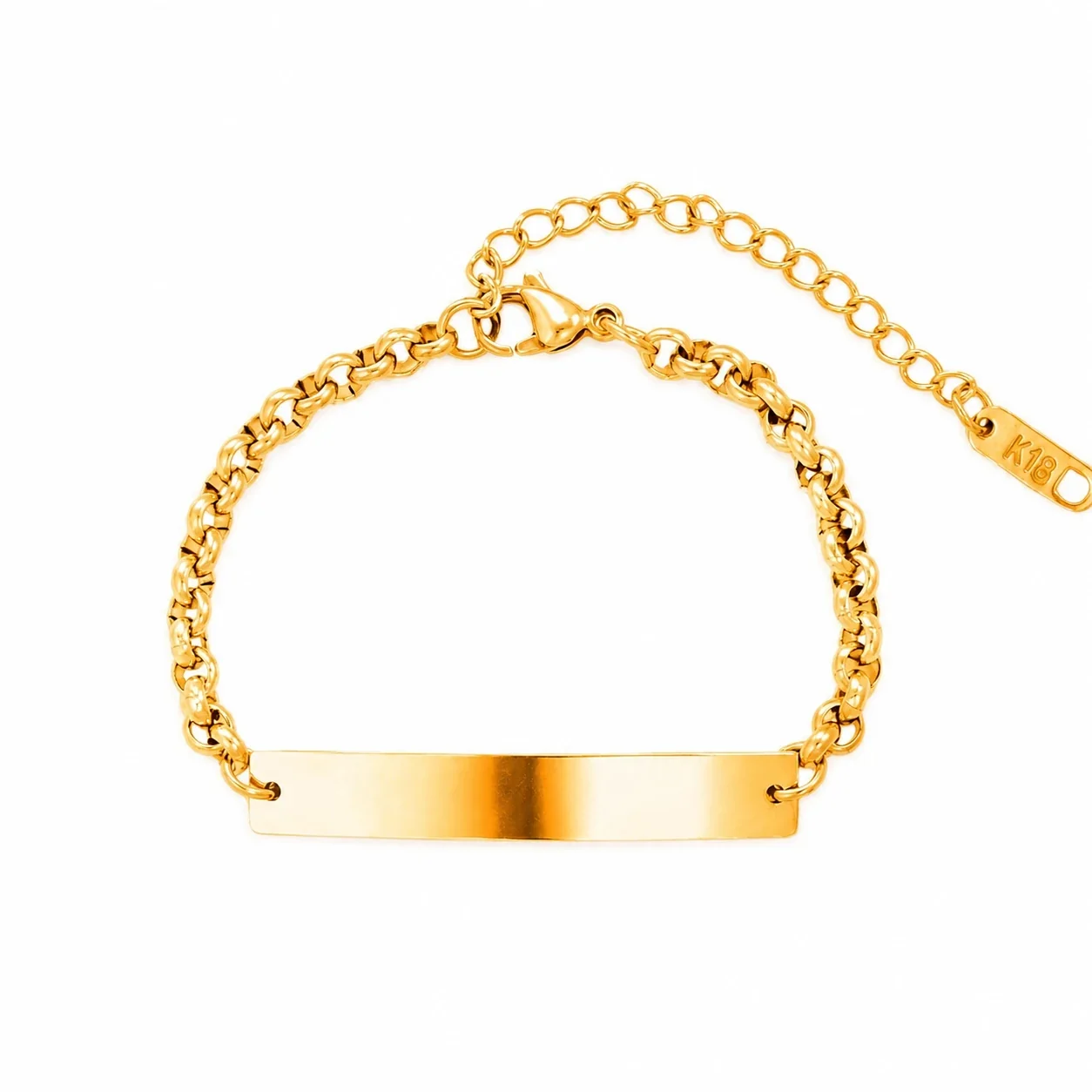 Polished Stainless Steel ID Plate Rolo Chain Bracelet - Gold