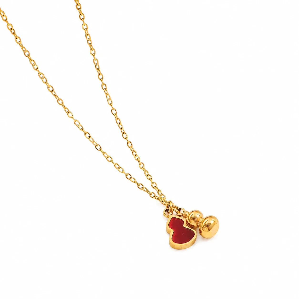 Vintage 18K Gold-Plated Red Gourd Bead Pendant Necklace
