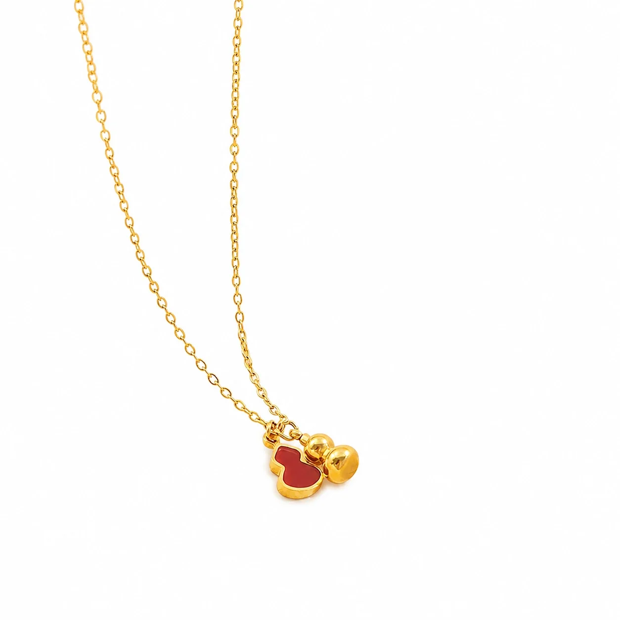 Vintage 18K Gold-Plated Red Gourd Bead Pendant Necklace